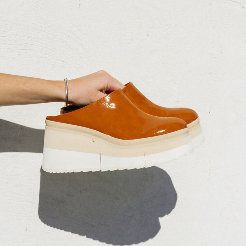 Naked Feet Patent Platform Mules in Cognac and Cream